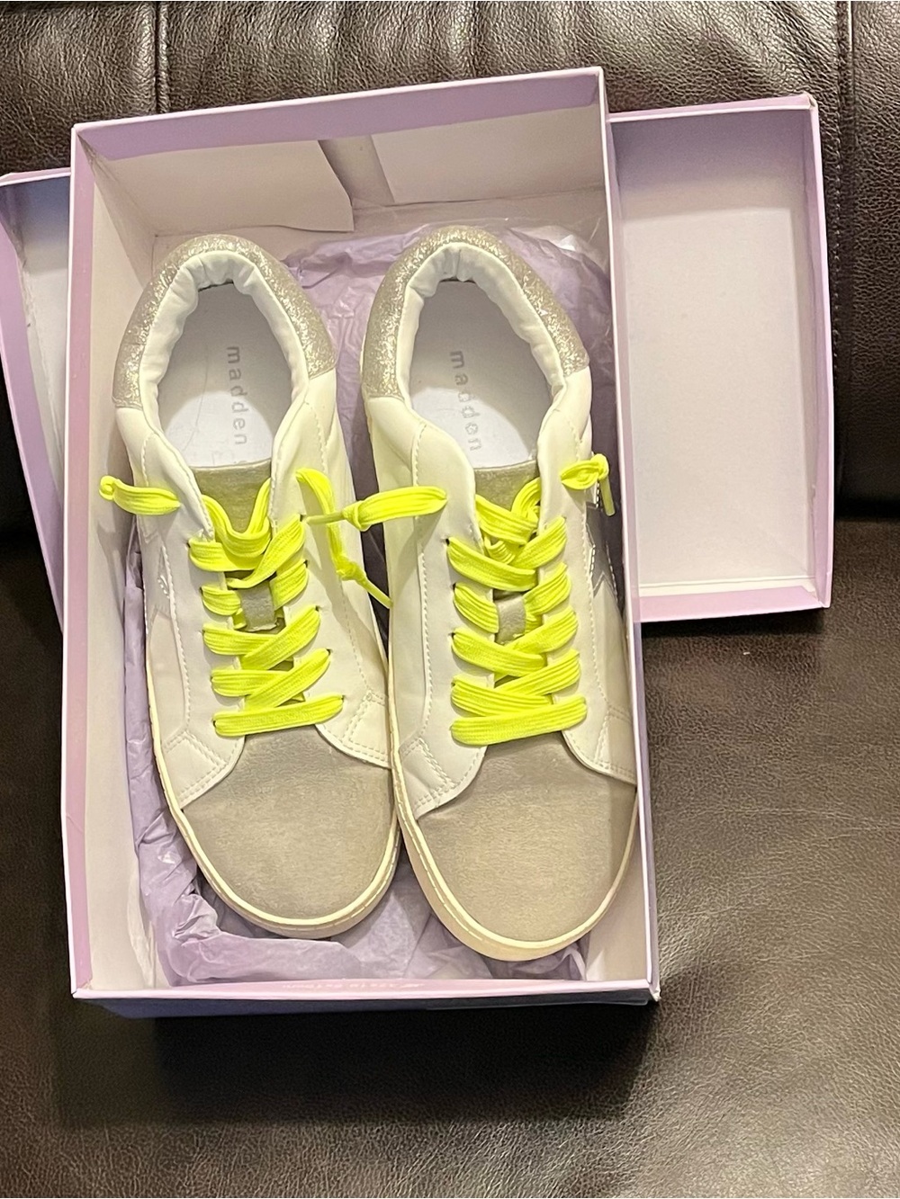 Madden Girl White, Light Gray & Neon Yellow Lace Sneakers.